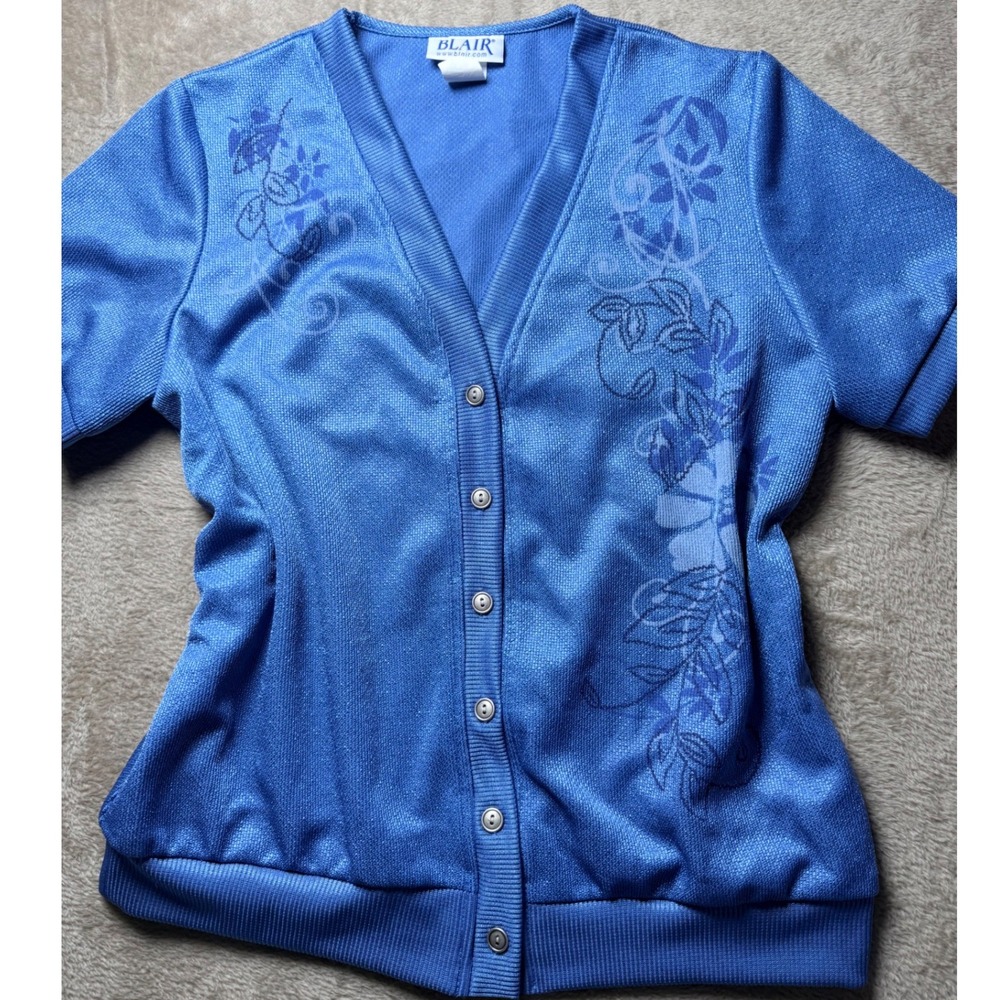 Blair Women‎ Blue Floral cardigan Small Grandmacore, Coastal Grandmother Retro